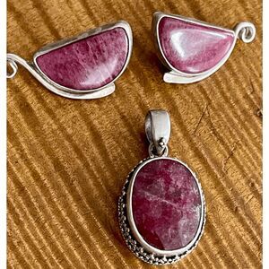 Sterling Silver Lepodolite JSH Signed Earrings And Faceted Pendant